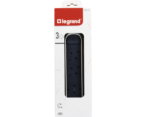 Siglă Legrand. Prelungitor cu 3 prize, lungime cablu de 5 metri și rotativ la 180 de grade.