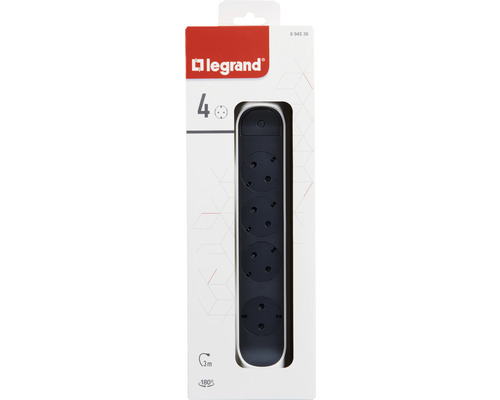 Logo Legrand. Prelungitor cu patru prize și cablu de trei metri în ambalaj.