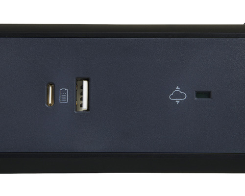 Prim-plan cu porturi USB și simbol nor cu fulger