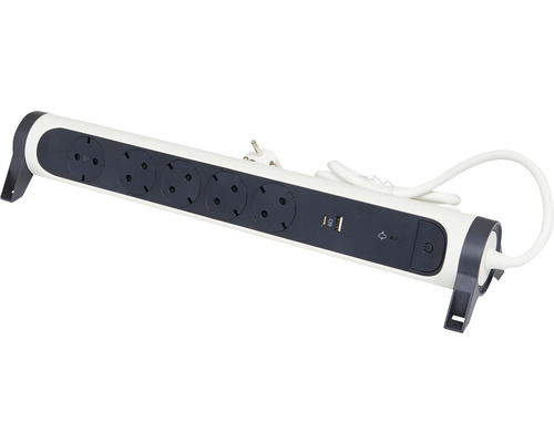Prelungitor electric Legrand RevOlution 5 prize + 1x USB + 1x USB tip C 1,5m 3680W, alb/negru, cu întrerupător, protecție la supratensiune, rotativ