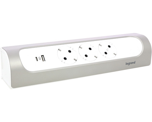 Multipriză electrică fără cablu Legrand RevOlution 3 prize + 1x USB + 1x USB tip C, alb/aluminiu, pentru mobilier bucătărie