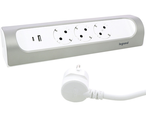 Bloc multipriză cu trei prize și două porturi USB de la marca Legrand