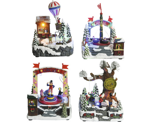 Patru decorațiuni de Crăciun diferite cu motive de bâlci pe un fundal acoperit cu zăpadă.