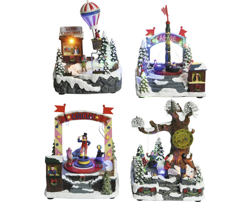 Patru sate decorative de Crăciun cu motive de bâlci și iluminare