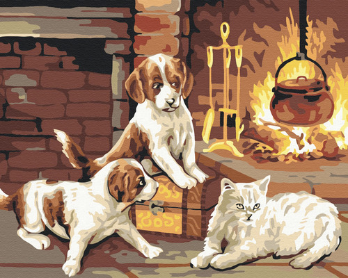 Pictură pe numere Pets by the fireplace 40x50 cm