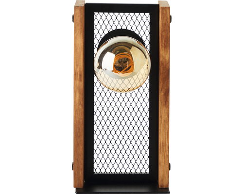 Lampă de masă cu abajur din plasă metalică și cadru din lemn