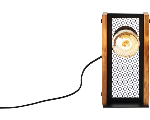 Lampă de masă cu cadru din lemn și grilaj metalic