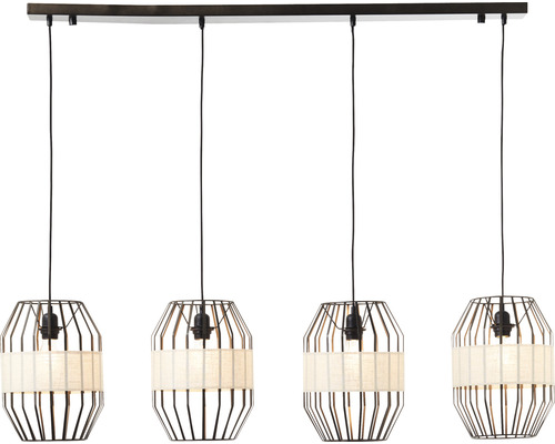 Lumină suspendată cu patru brațe, cu cușcă metalică și abajur din material textil