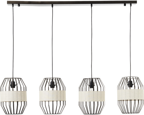 Lumină suspendată cu patru becuri, coș metalic și bandă textilă