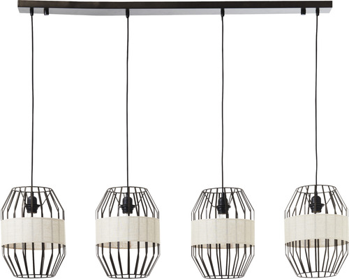 Lumină suspendată cu patru lămpi cu sârmă metalică și abajururi din material textil