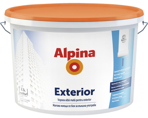 Vopsea albă mată pentru exterior Alpina 2,5 l Găleată cu vopsea de exterior Alpina cu volumul de 2,5 litri