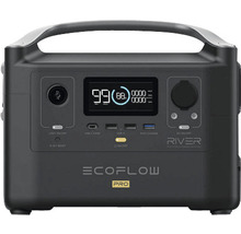 Centrală electrică EcoFlow River Pro cu afișaj și diverse conexiuni