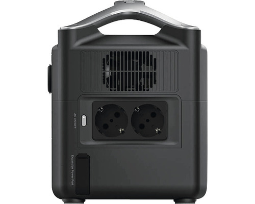 Vedere din spate a unei stații de alimentare cu ventilator, două prize și mâner de transport.