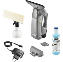 Set aspirator pentru geamuri Kärcher cu pulverizator, lavetă din microfibre, încărcător și detergent