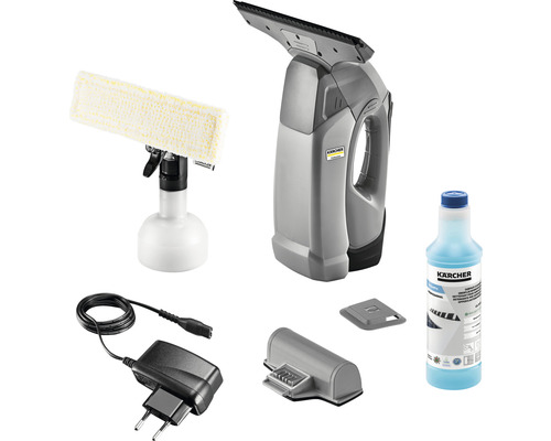 Set aspirator pentru geamuri Kärcher cu pulverizator, lavetă din microfibre, încărcător și detergent