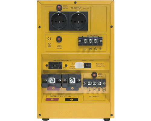 Dispozitiv electronic galben cu intrare pentru baterie, ieșire de curent alternativ și diverse conexiuni.