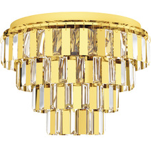 Plafonier auriu cu design în trepte și decorațiuni rectangulare din cristal.