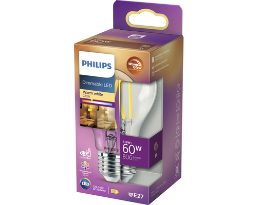 Bec LED Philips, reglabil, alb cald, soclu E27 în ambalaj