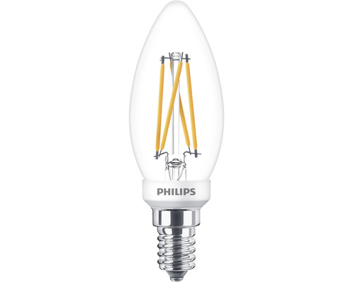 Bec LED variabil Philips E14 3,4W 470 lumeni, glob clar lumânare, lumină caldă Logo Philips Bec tip lumânare cu soclu E14