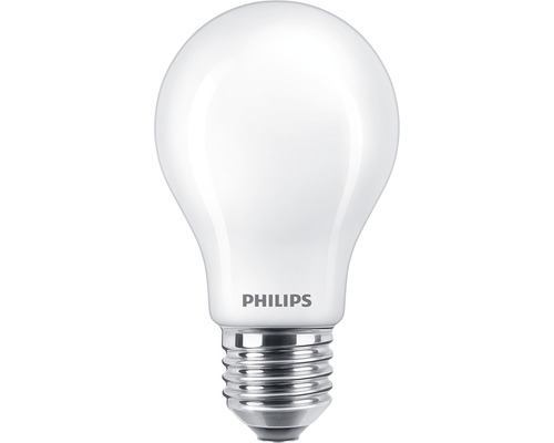 Bec LED variabil Philips E27 10,5W 1521 lumeni, glob mat A60, lumină caldă Logo Philips pe un bec LED cu soclu E27