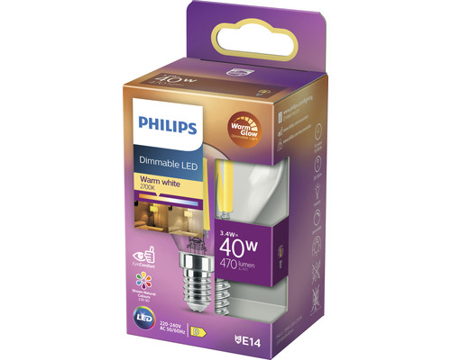 Bec LED Philips, reglabil, alb cald, 40 wați, soclu E14 în ambalaj