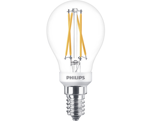 Bec LED Philips E14 3,4W 470 lumeni, glob clar P45, lumină caldă