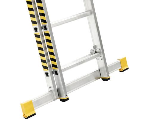 Prim-plan cu scară din aluminiu cu marcaje de siguranță galbene și picioare