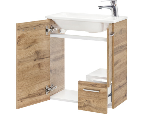 Dulap de bază pentru lavoar cu ușa și sertarul deschise