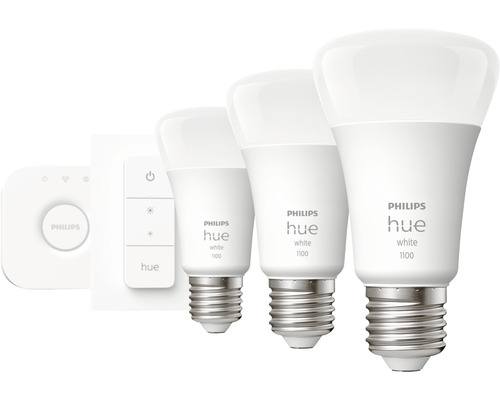 Set Philips Hue telecomandă+controller wireless și 3 becuri LED variabile E27 9,5W 1100 lumeni, glob mat A60, lumină caldă Lampă Philips Hue White, întrerupător cu variator și bridge