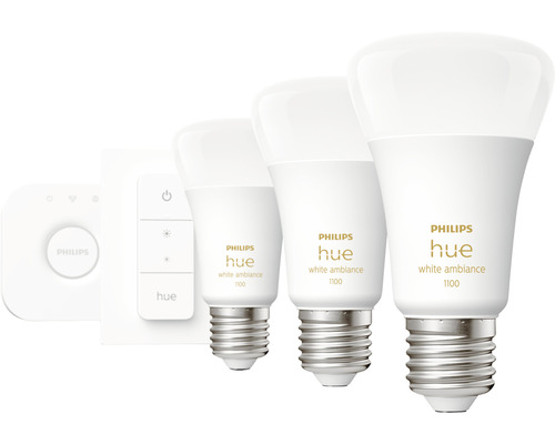 Set Philips Hue telecomandă+controller wireless și 3 becuri LED variabile E27 8W 1100 lumeni, glob mat A60, lumină albă 2200-6500K