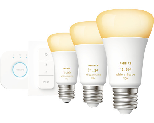 Set de bază Philips Hue White Ambiance E27 cu trei becuri, întrerupător cu variator și bridge