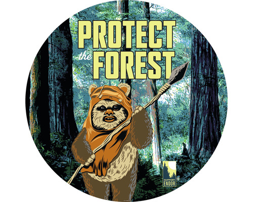 Fototapet rotund autoadeziv DD1-015 Star Wars Protect the Forest Ø 125 cm Ilustrație cu un Ewok cu inscripția Protect the Forest.