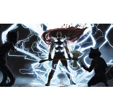 Ilustrație cu Thor, Groot și Rocket de la Marvel Comics, înconjurați de fulgere.