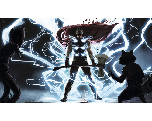 Fototapet vlies IADX10-075 Into Adventure Thor God of Thunder 500x280 cm Ilustrație cu Thor, Groot și Rocket de la Marvel Comics, înconjurați de fulgere.