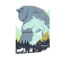 Ilustrație a unui grup de personaje în fața unui peisaj forestier cu creaturi stâncoase