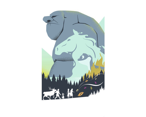 Fototapet vlies IADX3-033 Into Adventure Disney Frozen Adventure 150x280 cm Ilustrație a unui grup de personaje în fața unui peisaj forestier cu creaturi stâncoase