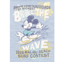 Grafică cu Mickey Mouse făcând surf, inscripție Pacific Coast Surfboards de Mickey, Brave the Wave, 1928 Malibu Beach Surf Contest