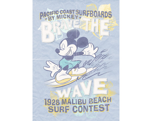 Fototapet vlies IADX4-014 Into Adventure Mickey Brave the Wave 200x280 cm Grafică cu Mickey Mouse făcând surf, inscripție Pacific Coast Surfboards de Mickey, Brave the Wave, 1928 Malibu Beach Surf Contest
