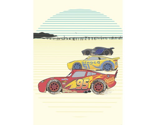 Fototapet vlies IADX4-040 Into Adventure Disney Cars Stream Lines 200x280 cm Ilustrație cu trei mașini de curse în fața unui peisaj de coastă