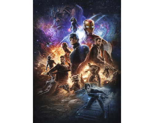 Fototapet vlies IADX4-078 Into Adventure Avengers Battle of Worlds 200x280 cm Afișul filmului Avengers: Endgame cu diverși supereroi pe un fundal cosmic.