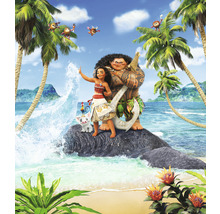 Scenă cu personajele Vaiana, Maui și Pua din filmul Vaiana pe o insulă tropicală.