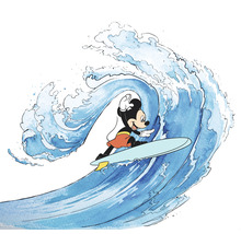 Mickey Mouse pe o placă de surf în fața unui val