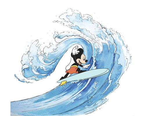 Fototapet vlies IADX6-007 Into Adventure Disney Mickey Surfing 300x280 cm Mickey Mouse pe o placă de surf în fața unui val