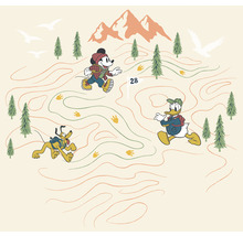 Ilustrație cu Mickey Mouse, Donald Duck și Pluto făcând drumeții în munți