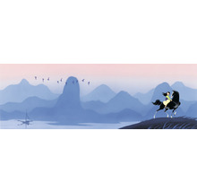 Ilustrație cu o femeie călărind un cal în fața unui peisaj montan