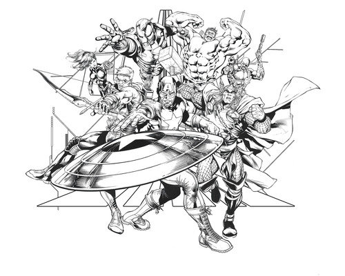 Fototapet vlies IADX6-066 Into Adventure Avengers Black and White 300x280 cm Ilustrație cu un grup de supereroi