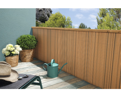 Scenă de balcon cu gard de bambus, plante și stropitoare