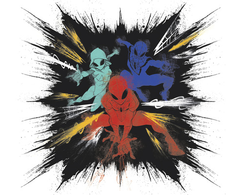 Fototapet vlies IADX6-080 Into Adventure Spider-Man Color Explosion 300x280 cm Ilustrație cu diferite personaje Spider-Man pe un fundal negru.