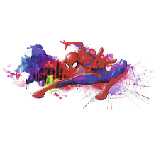 Reprezentare de benzi desenate a lui Spider-Man pe un fundal colorat al orașului