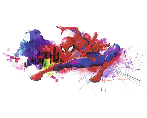 Fototapet vlies IADX6-082 Into Adventure Spider-Man Graffiti Art 300x150 cm Reprezentare de benzi desenate a lui Spider-Man pe un fundal colorat al orașului